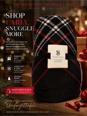 Victoria's Secret Black and Red Plaid Plush Throw